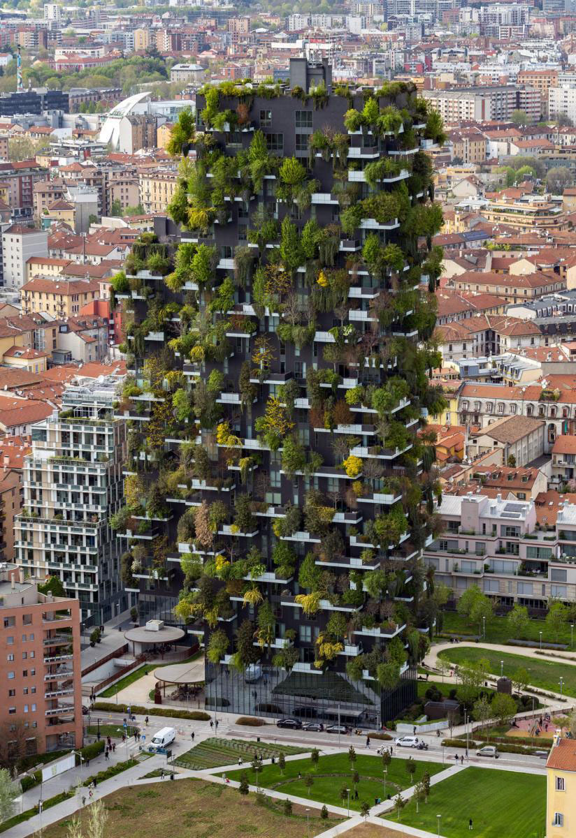 Il Bosco Verticale visto dal parco Biblioteca degli Alberi in una giornata estiva.